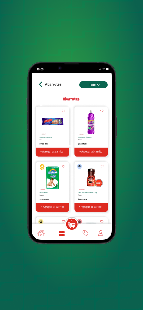 Screenshot of the suBodega mobile app showing a variety of grocery items like cookies and coffee in the Abarrotes category.