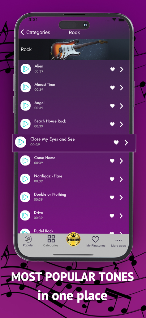 Best Ringtones 2026, Top Music - Tela do aplicativo do iPhone mostrando uma lista de toques de música rock incluindo faixas como Alien e Angel
