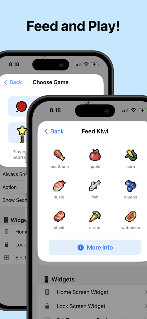 Screenshot of Pixel Pals app showing the Feed Kiwi menu with pixel art food items and gaming options