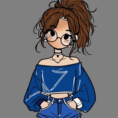 girl with a messy ponytail glasses a baggy crop top and jean shorts