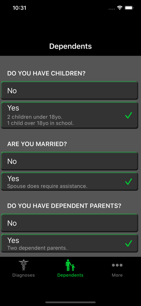 My VA Benefits - Screen of My VA Benefits app showing the dependents section with questions about children, marriage, and parents to calculate disability compensation.