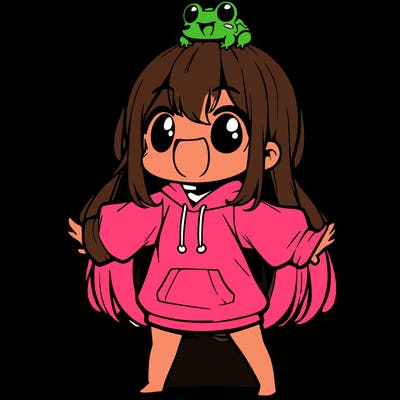a excited chibi girl whith long hair and a baggy shirt whith a frog on there head