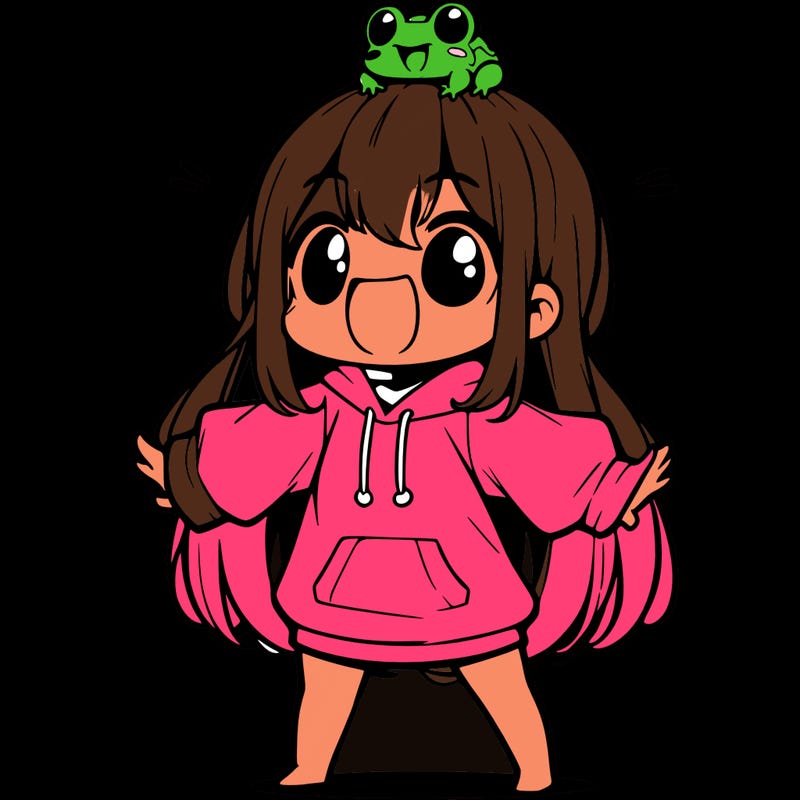 a excited chibi girl whith long hair and a baggy shirt whith a frog on there head