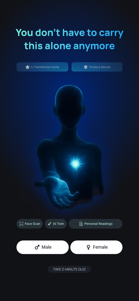 COPYMIND: AI Twin - Pantalla de incorporación de la aplicación COPYMIND que muestra una silueta azul brillante con botones de selección de género y una llamada a la acción para realizar una prueba.