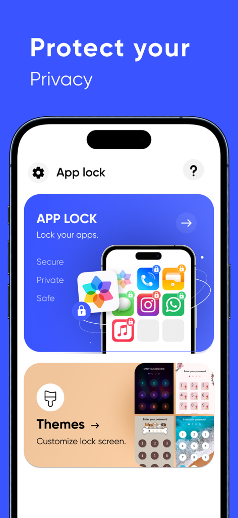 App Lock interface with options to secure apps and customize lock screen themes for privacy.