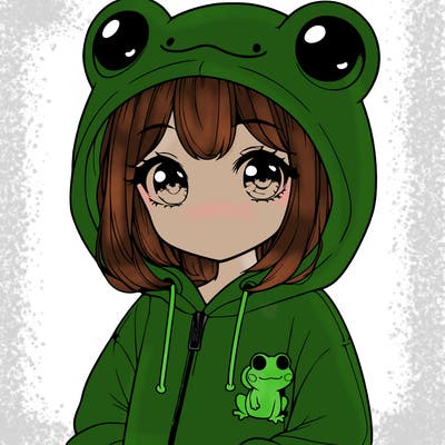 cute realistic girl in a froggy hoodie