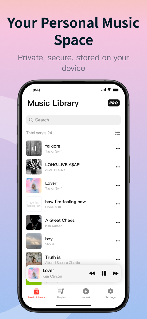 Offline Music-Player & Library - Music library screen of the Offline Music Player app showing a list of saved songs and albums.
