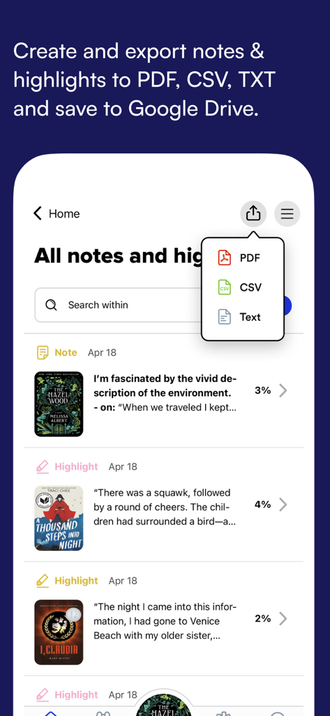 Interface showing options to export notes and highlights from the Sora app