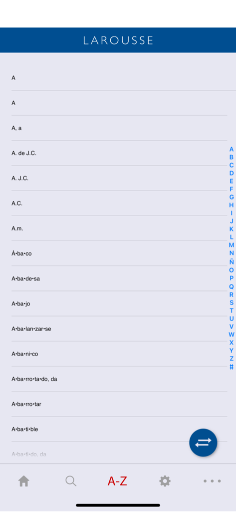 Lista de palabras con separación silábica en la aplicación de diccionario Larousse Español-Inglés.