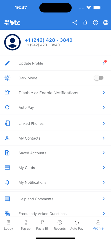 Topup BTC - User profile and settings page of the Topup BTC mobile app displaying account information and management options.