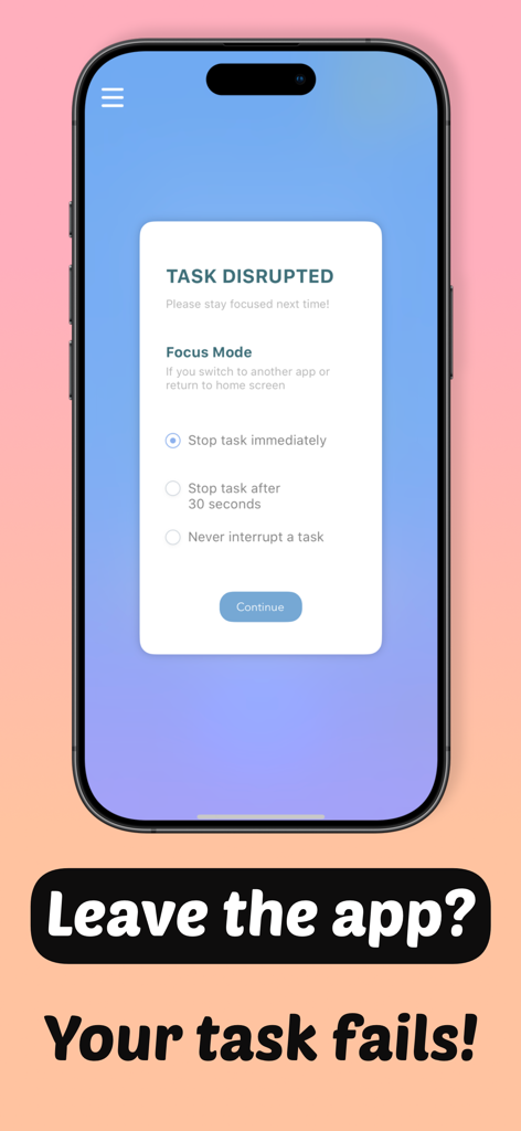 Plantie - Stay focused - 작업 중단 알림 및 방해 금지 설정이 표시된 Plantie 앱 집중 모드 화면