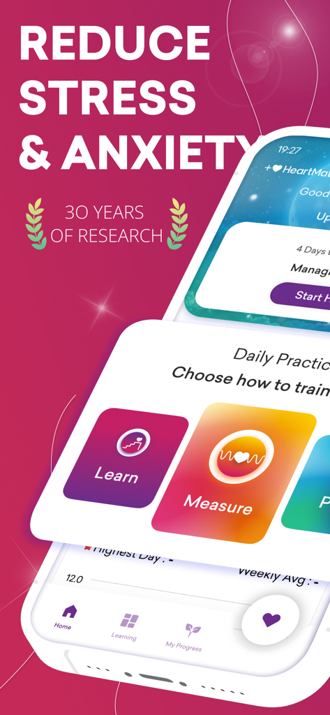 Captura de pantalla de la aplicación HeartMath que muestra los beneficios de reducción del estrés y validación de la investigación con botones de aprender y medir.