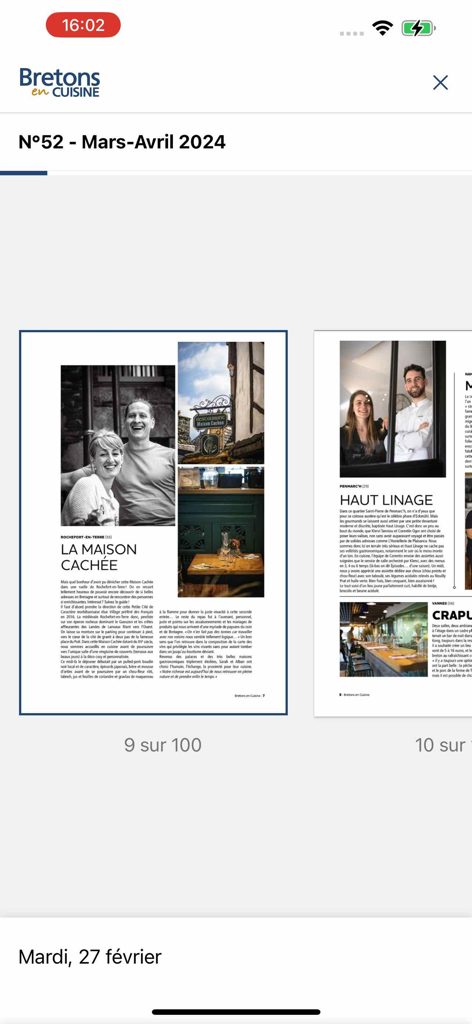 Digital magazine interface of Bretons en Cuisine showing articles about French chefs and restaurants