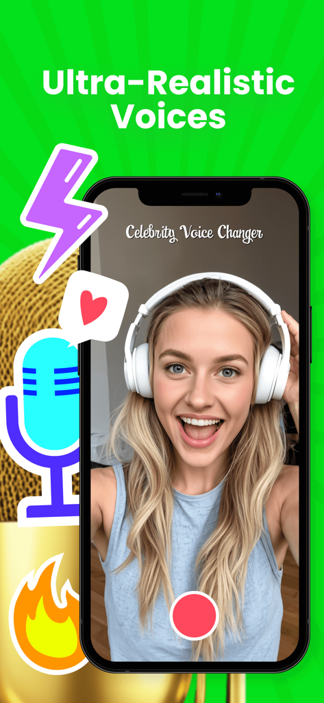 A woman wearing headphones using the Celebrity Voice Changer Live app to create ultra-realistic celebrity voices.