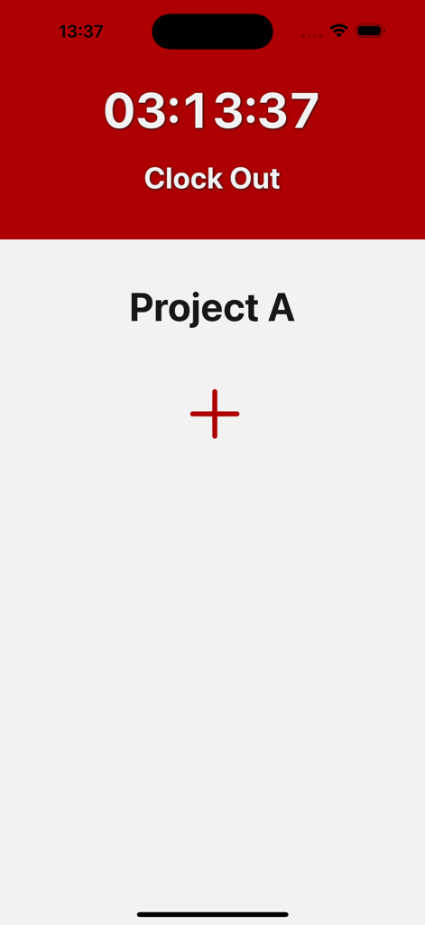Tímavera - Timavera App-Oberfläche, die einen aktiven Projekt-Timer mit einer Ausstempel-Schaltfläche und dem Projektnamen anzeigt