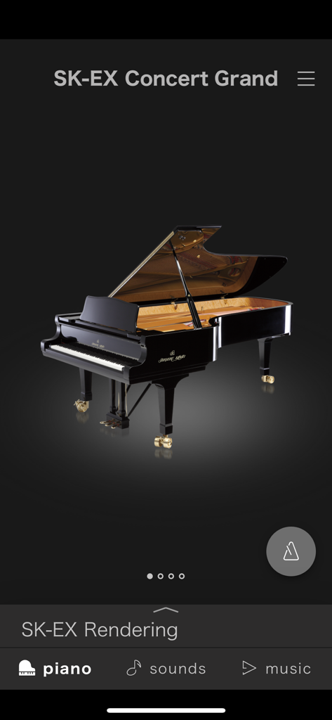 Interface of the PianoRemote app showing the SK-EX Concert Grand sound selection screen with a detailed piano rendering