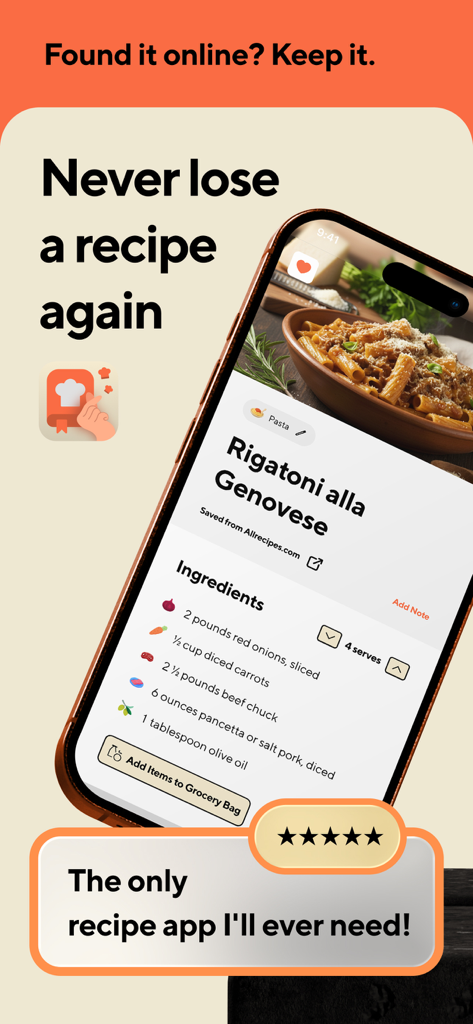 Recipe Keeper: RecipeSnap - Smartphone display showing a saved rigatoni recipe with ingredients list in the Recipe Keeper app interface