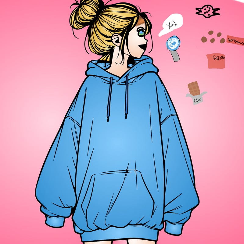 realistic girl with a oversized sweatshirt on and a bun