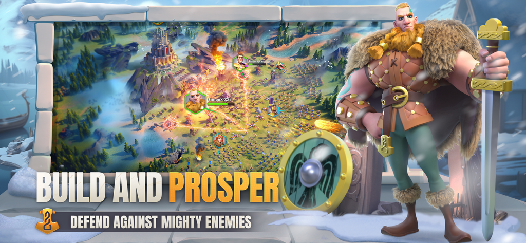 A Viking commander character from Rise of Kingdoms standing next to a strategic game map with the text build and prosper