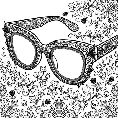 Dive into a world of melancholic elegance with this intricate Gothic driving glasses coloring page. Adorned with Victorian patterns, roses, and skulls, it promises a rich and immersive creative experience.