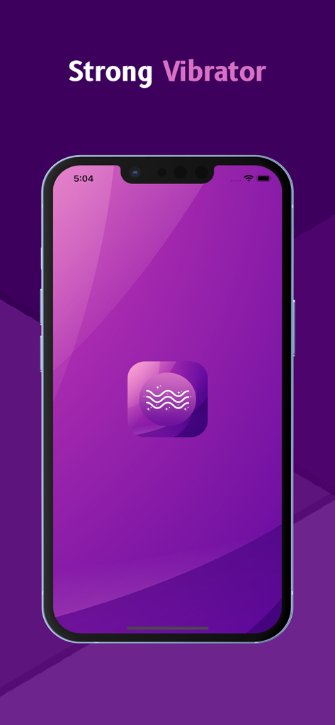 Strong Vibrator - Splash screen of the Strong Vibrator app on an iPhone featuring a wave icon logo against a purple background.