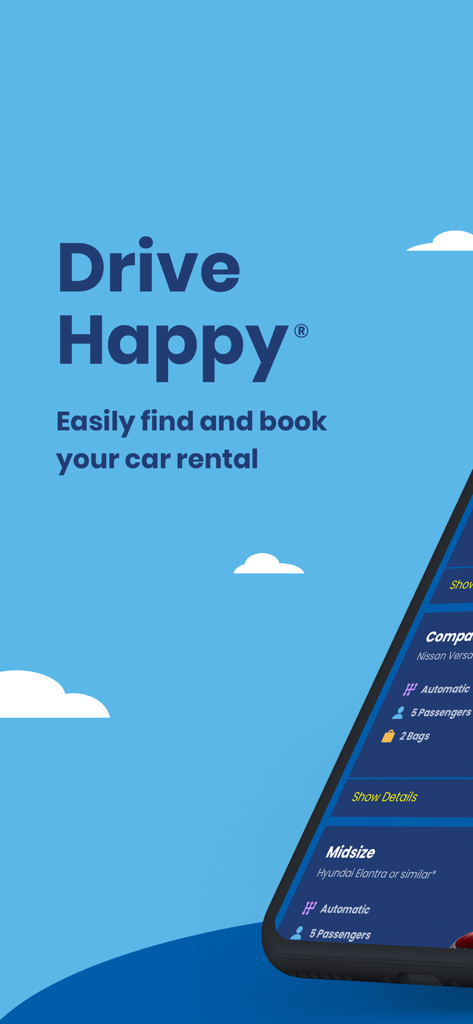 Alamo - Car Rental - Alamo Car Rental mobile app showing car booking options and the Drive Happy slogan