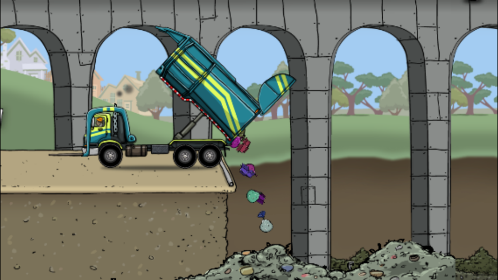 Um caminhão de lixo de desenho animado despejando lixo colorido em um aterro em um jogo infantil