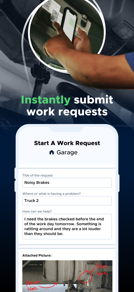 Interface do aplicativo móvel Limble CMMS para envio de uma solicitação de trabalho de manutenção com leitura de código QR e foto anotada.