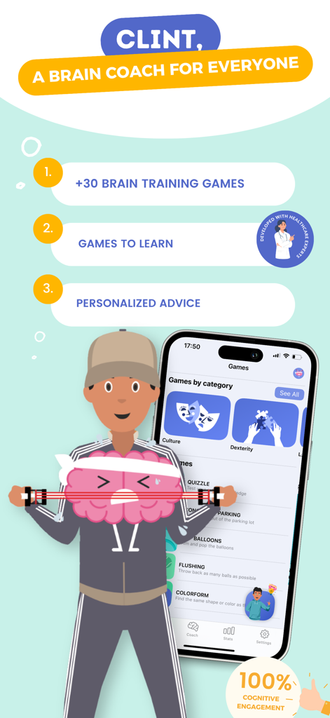 CLINT, your brain coach - Promotional graphic for CLINT brain coach app showing brain training games and a cartoon brain exercising