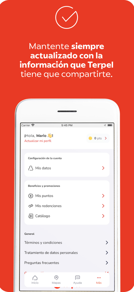Terpel - Smartphone screen showing the Terpel app's profile menu with account settings and loyalty benefits.