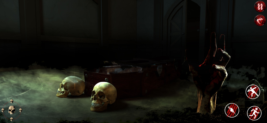 Una espeluznante escena de juego de terror en 3D con calaveras y una mano saliendo del suelo en una habitación con niebla.