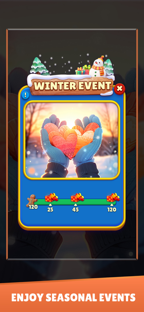 Word Universe Winter Event-Bildschirm mit saisonalen Belohnungen und Feiertagskunst