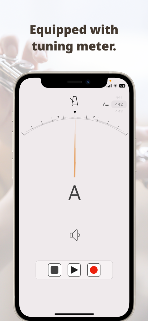 A screenshot of the Smart Metronome and Tuner app featuring its high-precision tuning meter interface.
