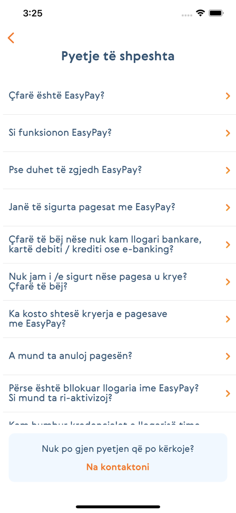 EasyPay Albania - EasyPay Albaniaモバイルアプリのよくある質問画面。