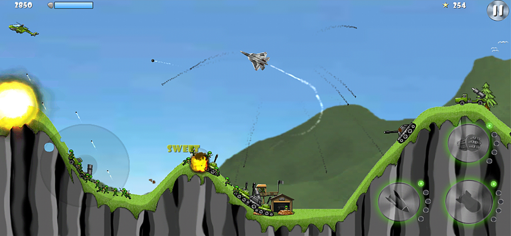 Carpet Bombing - Bomber Attack - Gameplay-Screenshot, der einen Jet-Jäger zeigt, der Panzer und Soldaten auf hügeligem Gelände im Handyspiel Carpet Bombing angreift