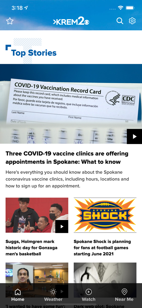 Spokane News from KREM - Screenshot of the KREM 2 Spokane News app showing local top stories and navigation