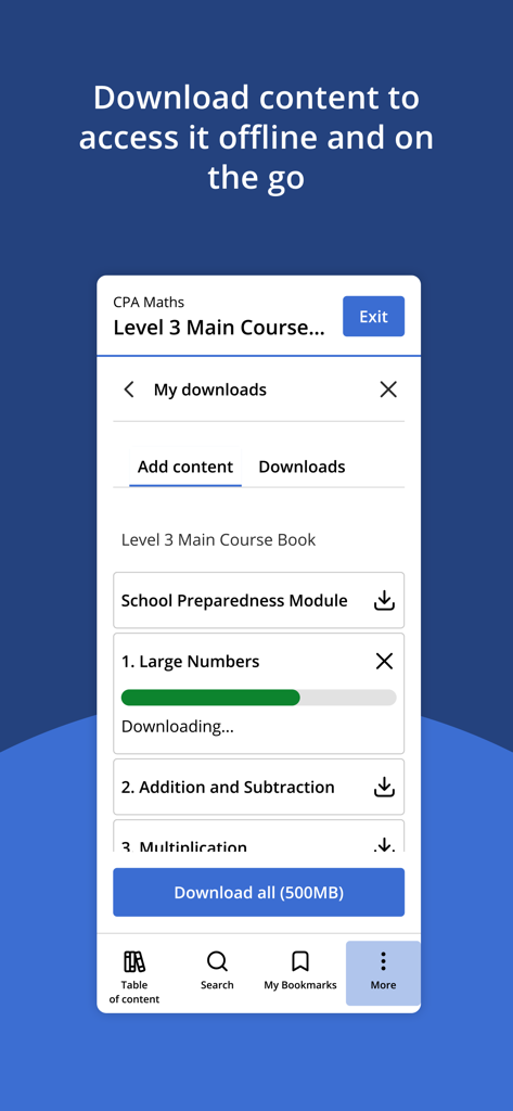 Macmillan Education Everywhere app screen showing course modules being downloaded for offline study.