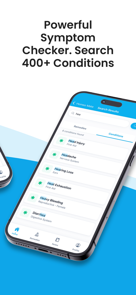 Pantalla de teléfono inteligente que muestra el verificador de síntomas de la aplicación HomeoMate con una lista de afecciones de salud buscables