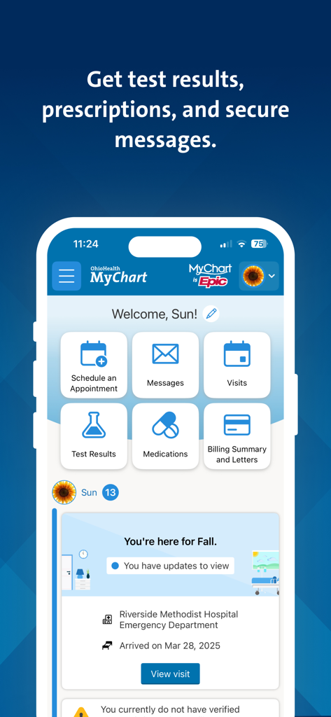 OhioHealth mobile app dashboard showing MyChart features like test results and appointments