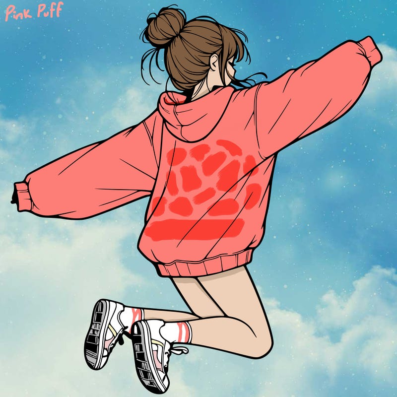 realistic girl jumping with a bun and oversized sweatshirt