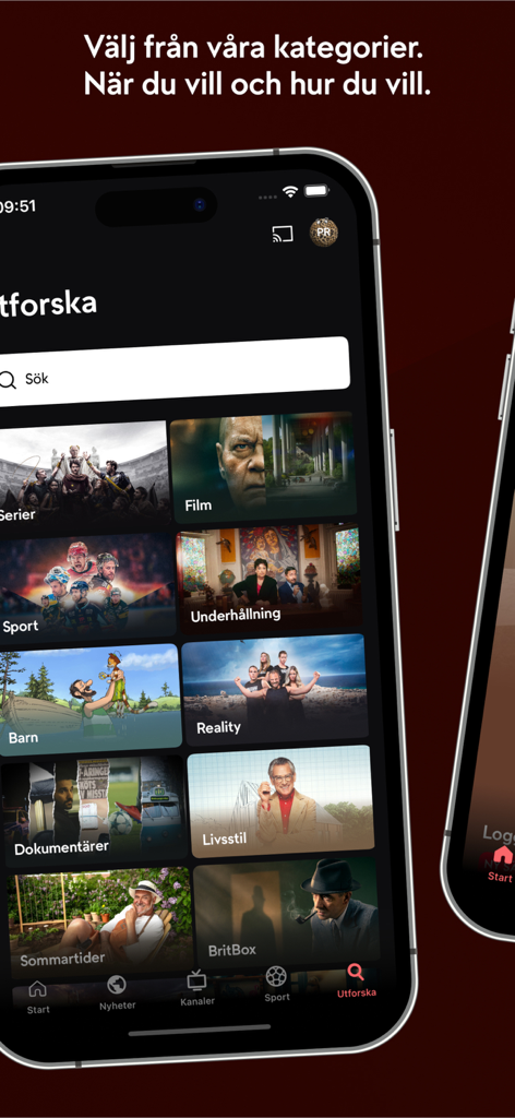 TV4 Play - Une interface mobile de l'application TV4 Play montrant la page d'exploration avec diverses catégories de contenu comme Films, Sport et Séries.