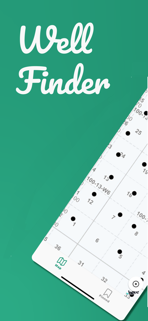 Well Finder - GeoActivity - Well Finder app home screen showing the title and a grid map with marked oil and gas well locations