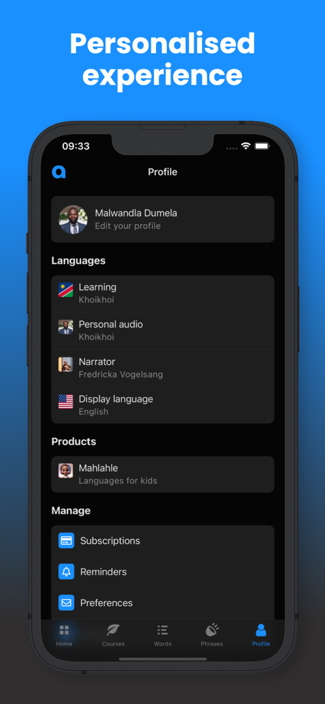 Angula - African languages - A mobile screen showing the personalized profile settings of the Angula app for learning African languages like Khoikhoi.
