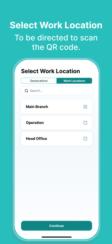 ZenHR Clock - ZenHR Clock App-Bildschirm zur Auswahl eines Arbeitsortes aus einer Liste, einschließlich Hauptniederlassung und Zentrale