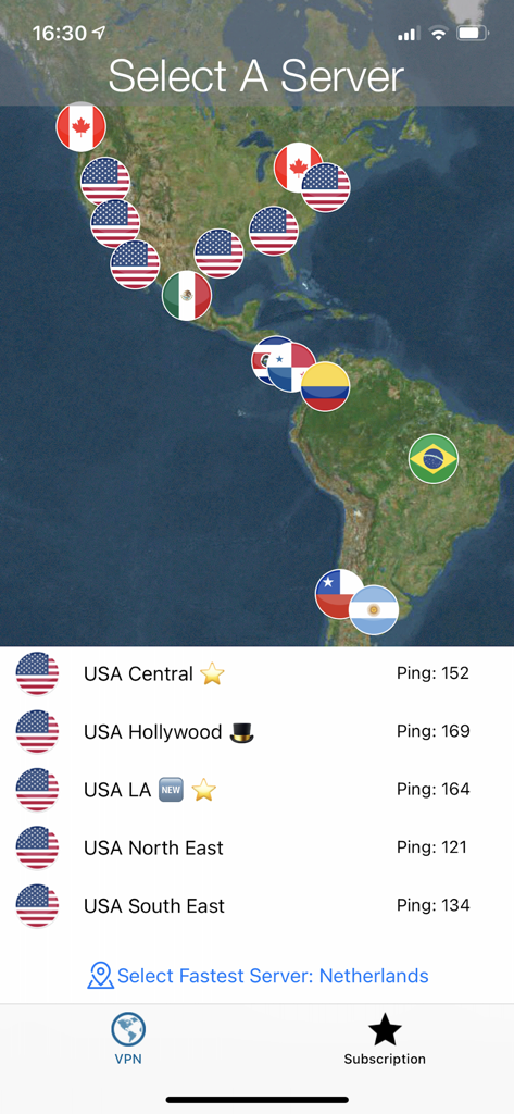 UK VPN: Fast & Secure Internet - Pantalla de selección de servidor con un mapa de América y una lista de servidores VPN de EE. UU. con tiempos de ping