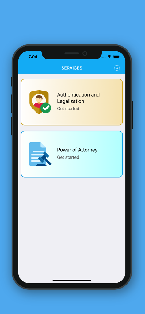 Digital MOFA - Tela de serviços do aplicativo MOFA Digital mostrando opções de autenticação de documentos e procuração