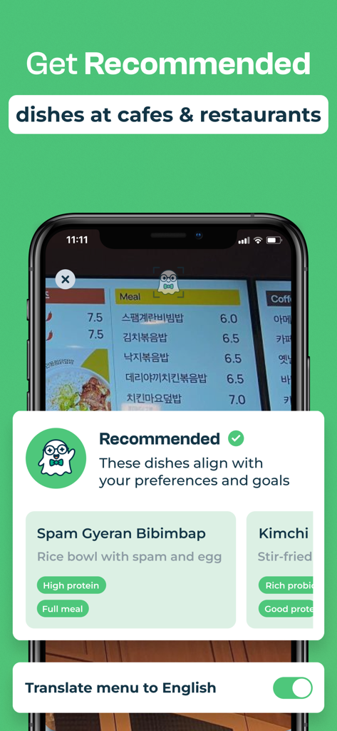 seefood - AI Food Scanner - AI food scanner app interface recommending personalized dishes from a restaurant menu with translation features