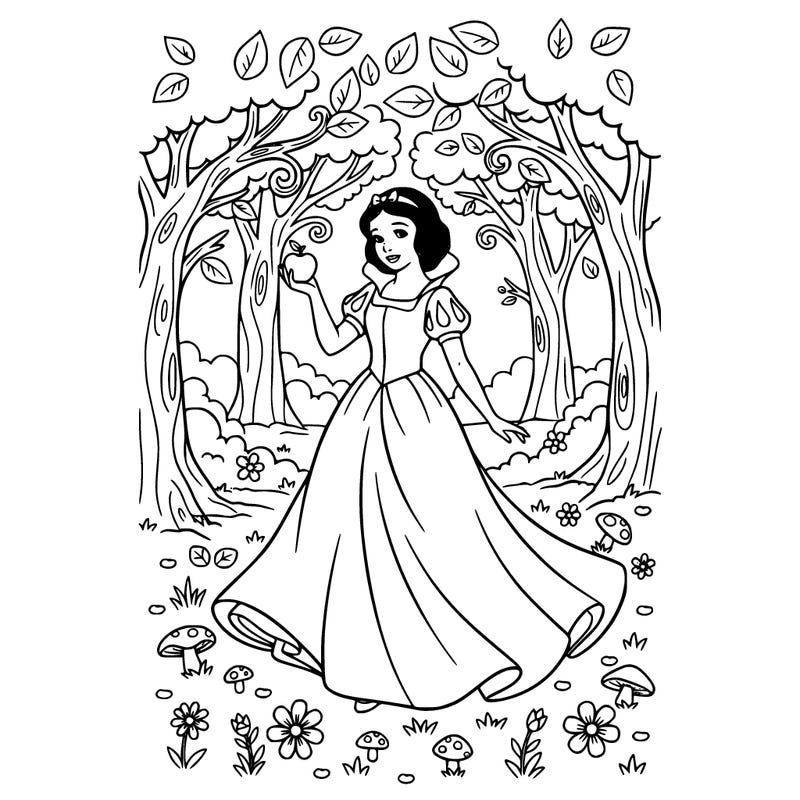 snow white holding an apple wearing a gown in a forest