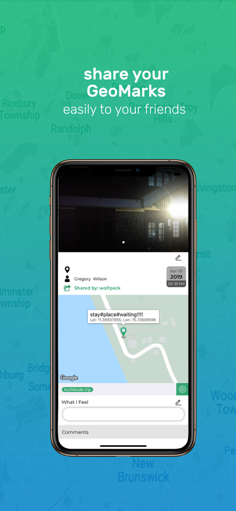 Interfaz de la aplicación GeoMark que muestra una foto con sus coordenadas GPS y ubicación en un mapa