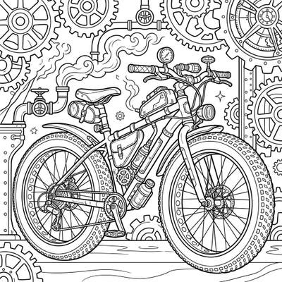 Dive into a thrilling coloring experience with our Steampunk Fat Bike design, where robust off-road cycling meets intricate Victorian-era industrial fantasy. This detailed illustration invites you to bring a world of gears, pipes, and steam-powered mechanisms to life with your favorite colors.